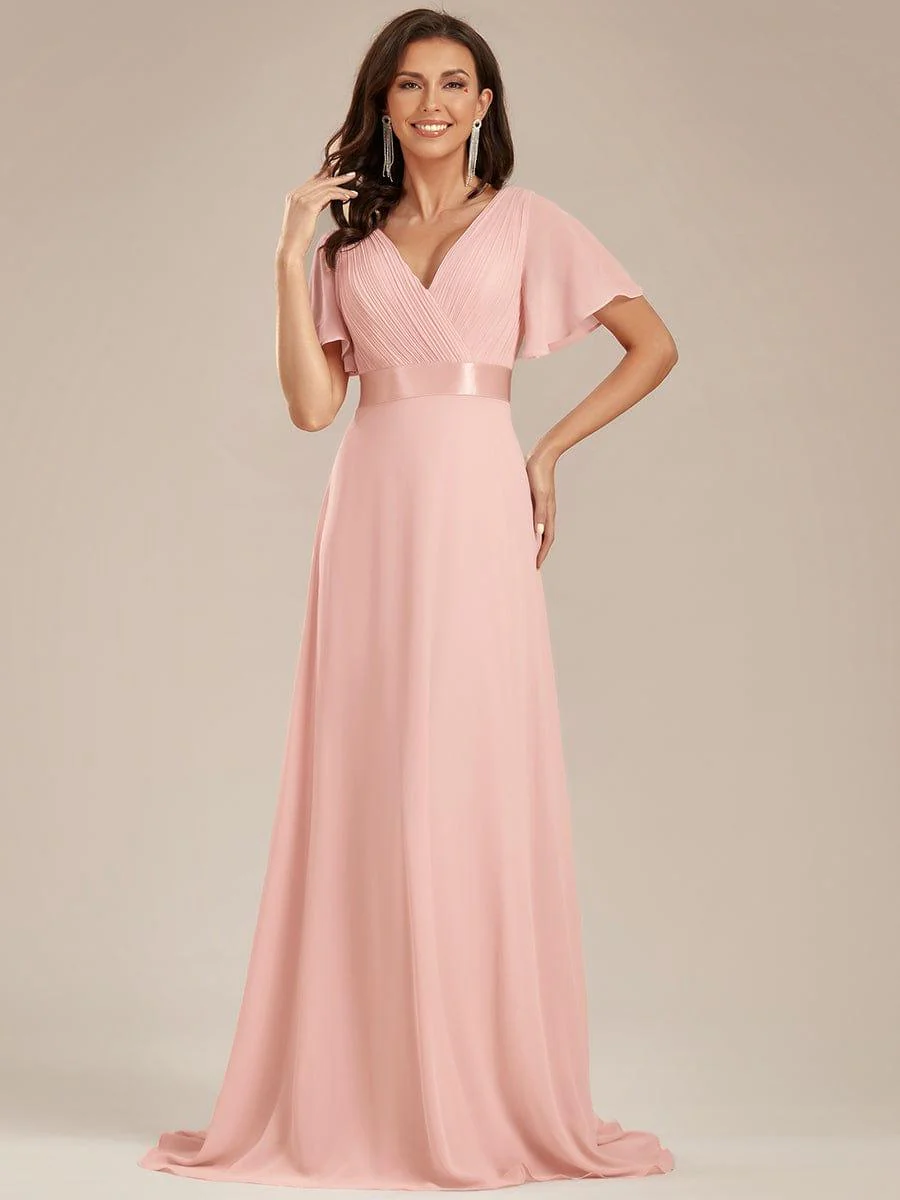 ever MONICA|Long Empire Waist Bridesmaid Dress with Short Flutter Sleeves - Image 33