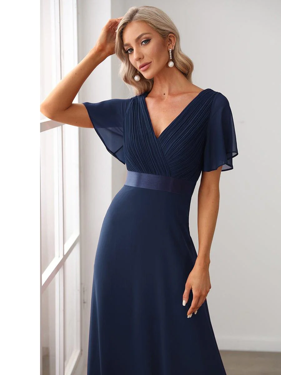 ever MONICA|Long Empire Waist Bridesmaid Dress with Short Flutter Sleeves - Image 39