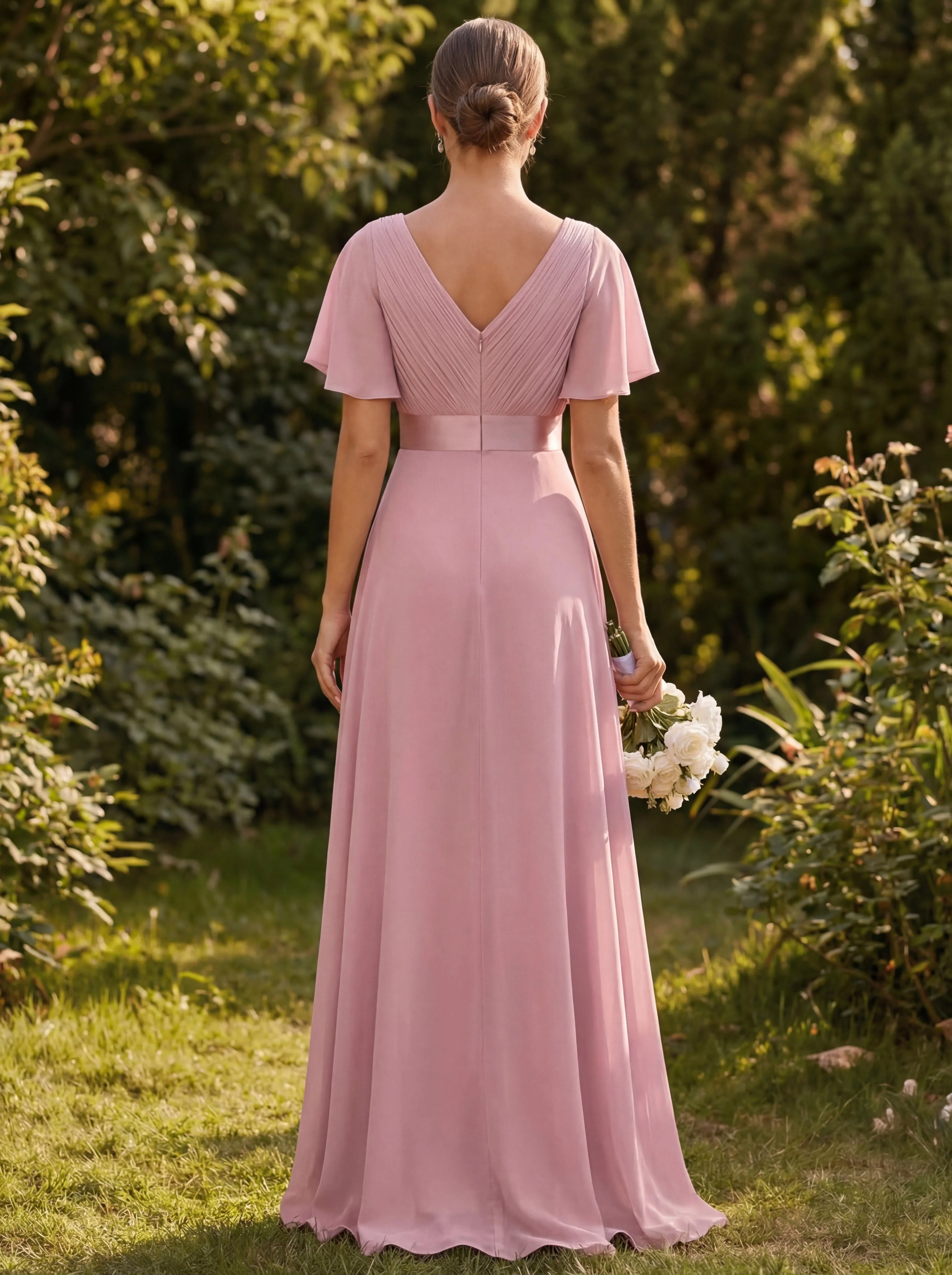 ever MONICA|Long Empire Waist Bridesmaid Dress with Short Flutter Sleeves - Image 4