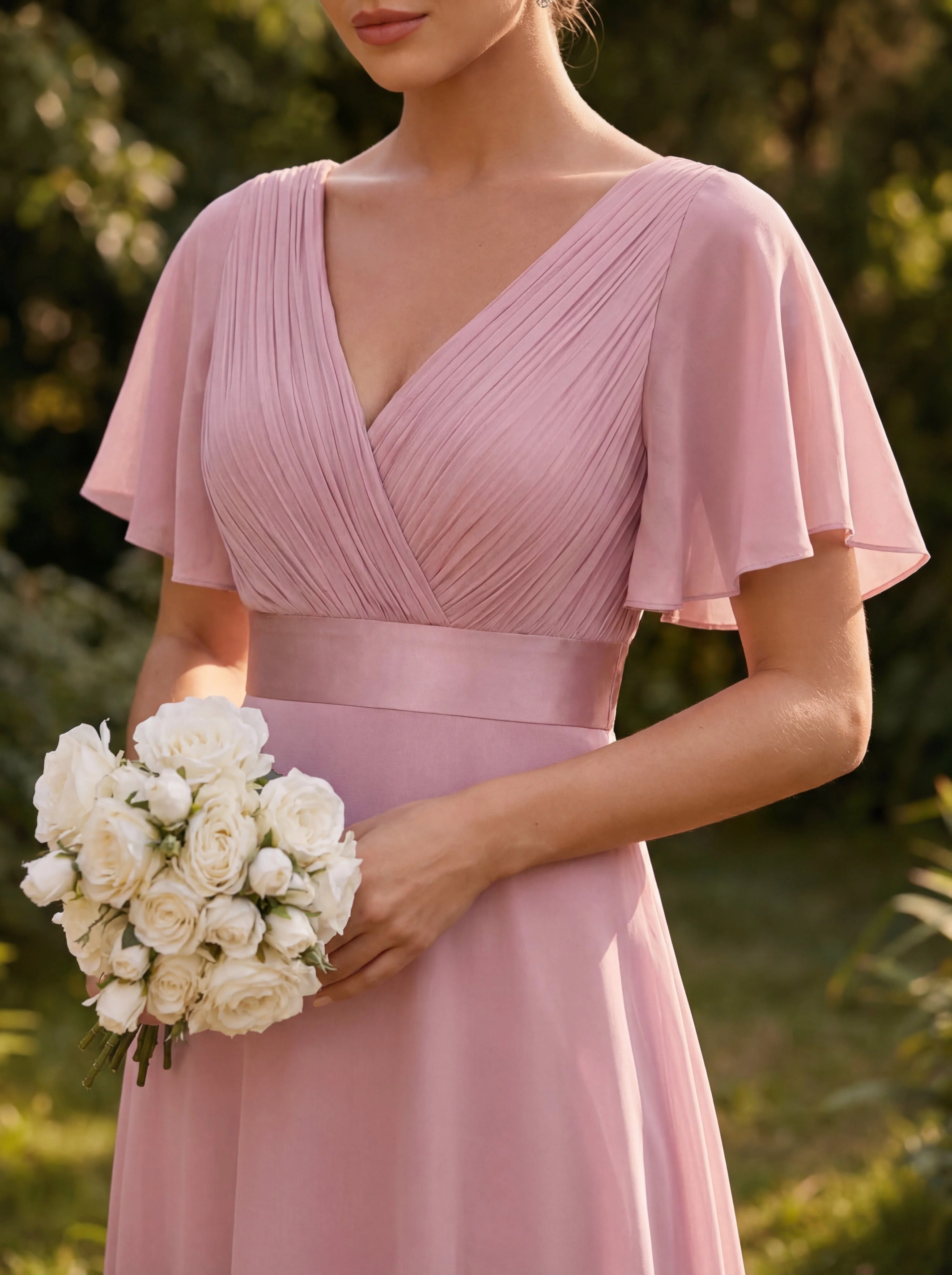 ever MONICA|Long Empire Waist Bridesmaid Dress with Short Flutter Sleeves - Image 5