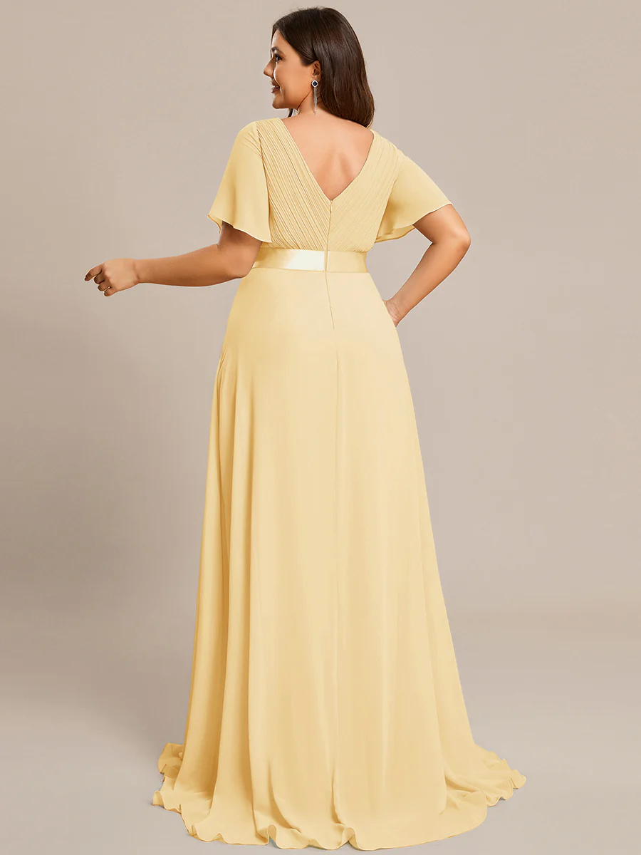 pretty MONICA|Plus Size Long Empire Waist Bridesmaid Dress with Short Flutter Sleeves - Image 178