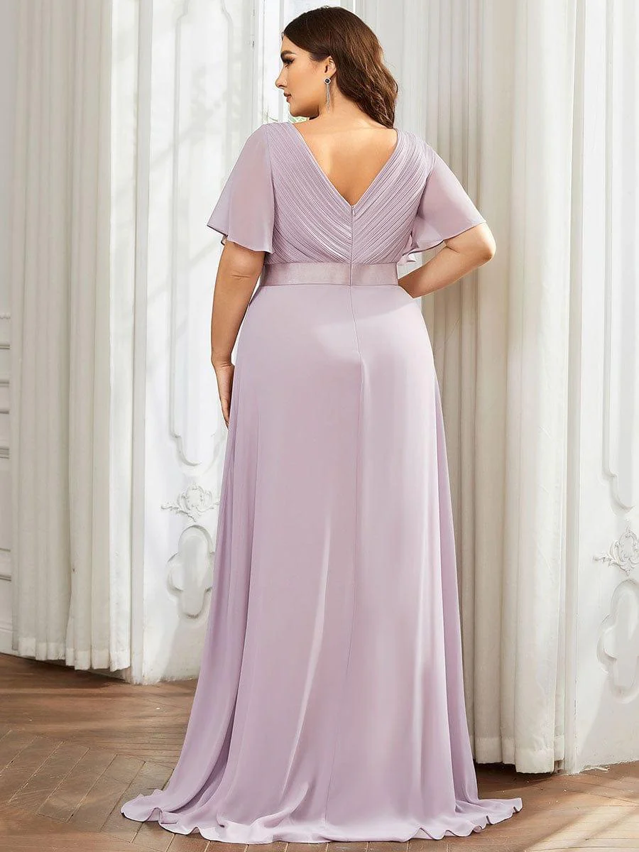 pretty MONICA|Plus Size Long Empire Waist Bridesmaid Dress with Short Flutter Sleeves - Image 101