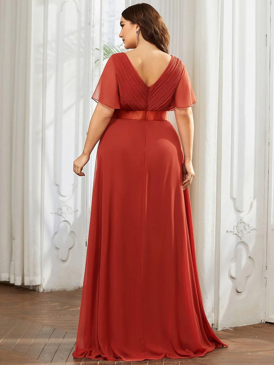pretty MONICA|Plus Size Long Empire Waist Bridesmaid Dress with Short Flutter Sleeves - Image 106