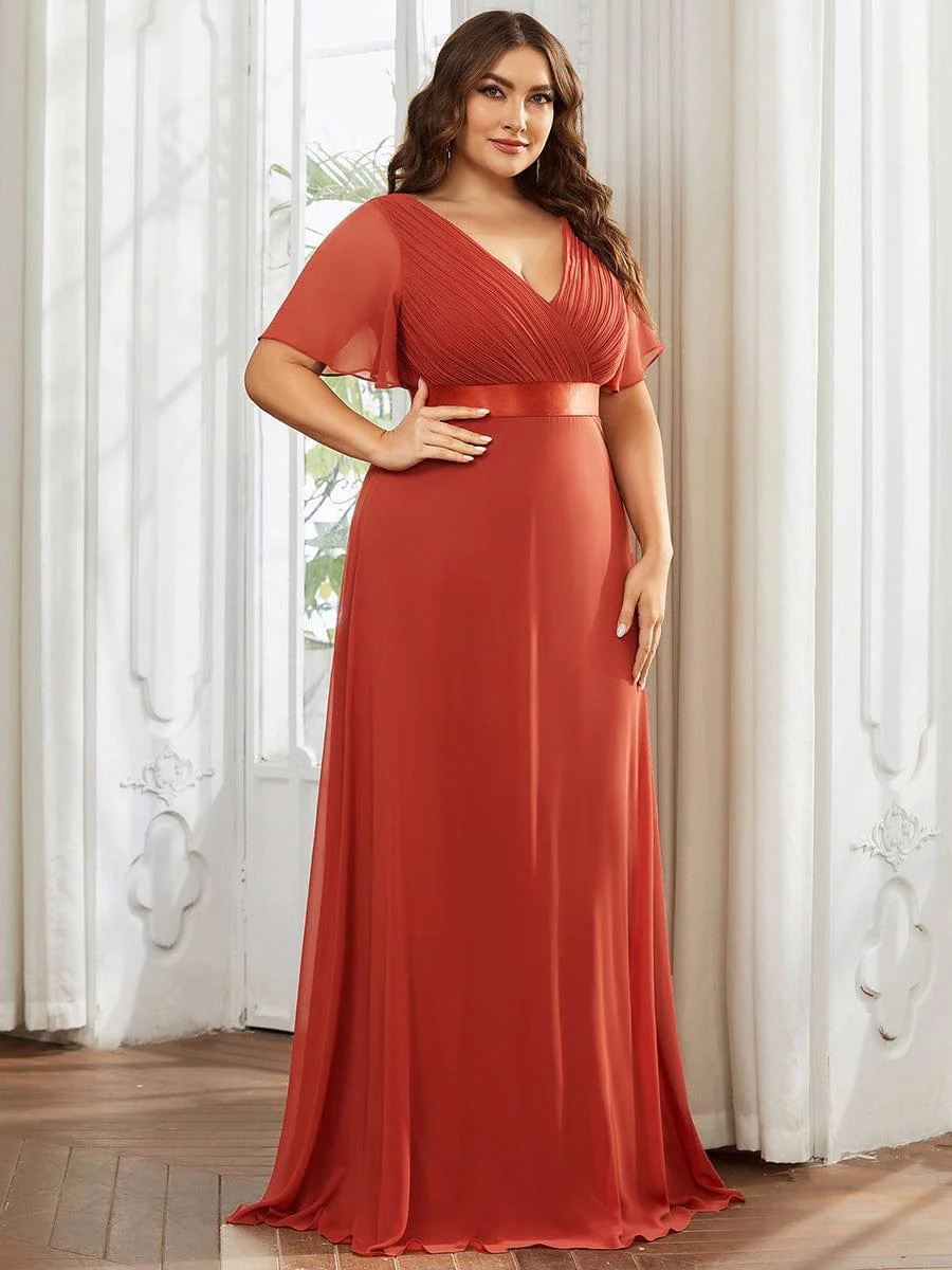 pretty MONICA|Plus Size Long Empire Waist Bridesmaid Dress with Short Flutter Sleeves - Image 108