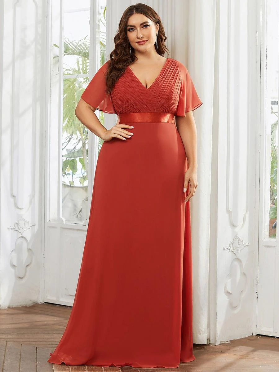 pretty MONICA|Plus Size Long Empire Waist Bridesmaid Dress with Short Flutter Sleeves - Image 109