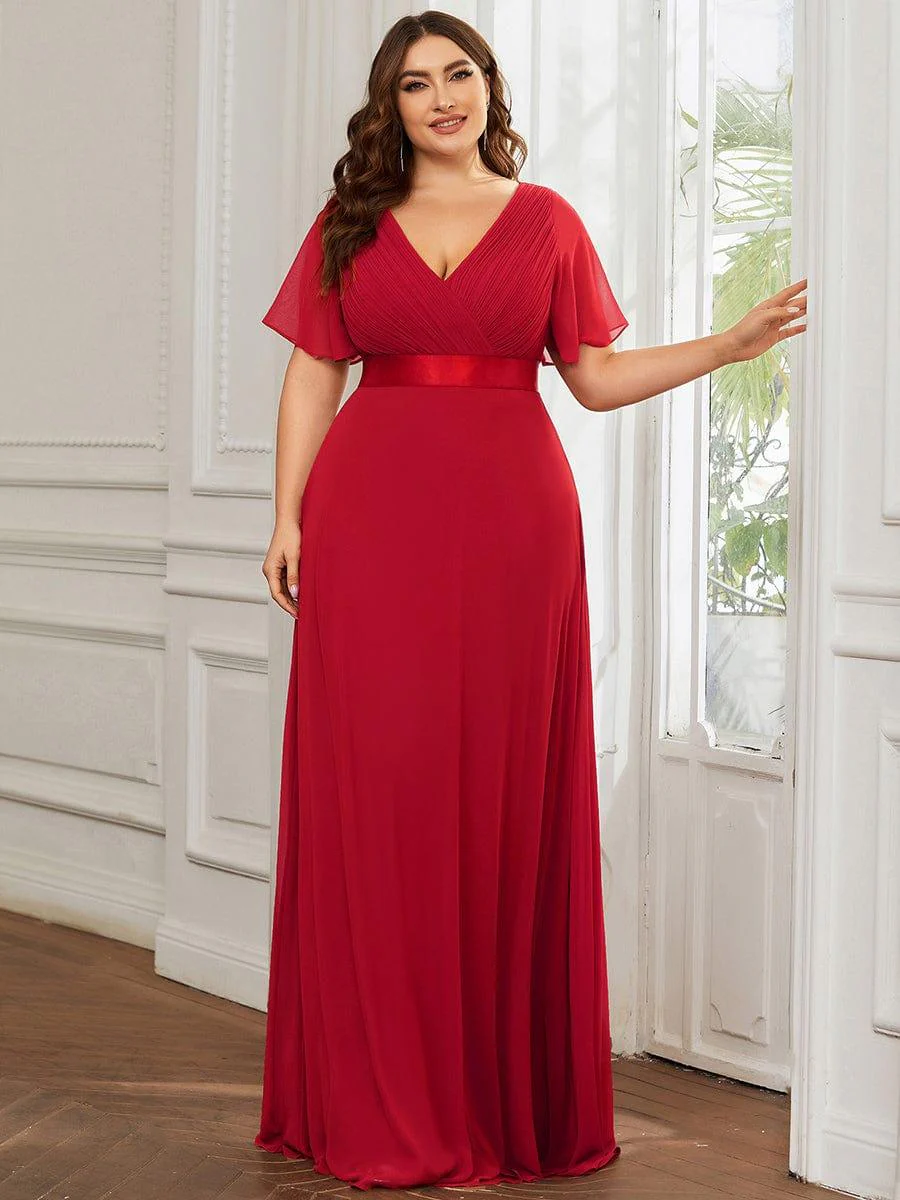 pretty MONICA|Plus Size Long Empire Waist Bridesmaid Dress with Short Flutter Sleeves - Image 110