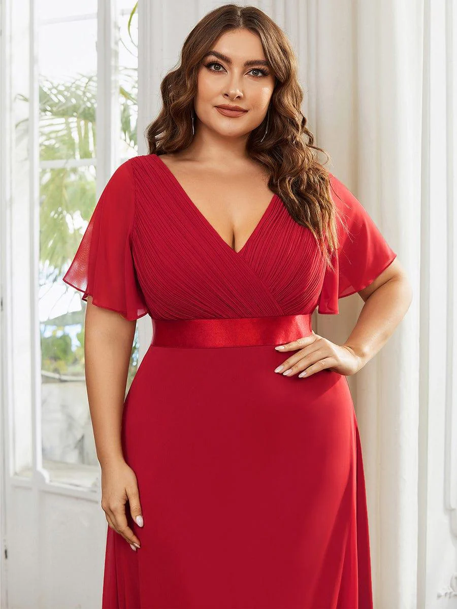pretty MONICA|Plus Size Long Empire Waist Bridesmaid Dress with Short Flutter Sleeves - Image 112