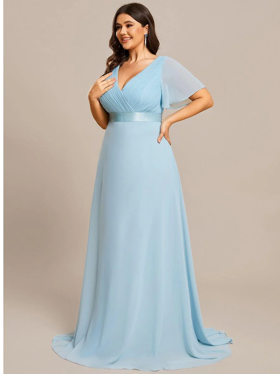 pretty MONICA|Plus Size Long Empire Waist Bridesmaid Dress with Short Flutter Sleeves - Image 118
