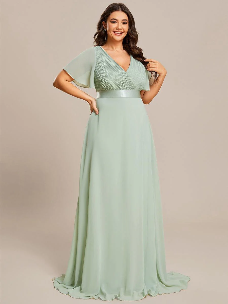 pretty MONICA|Plus Size Long Empire Waist Bridesmaid Dress with Short Flutter Sleeves - Image 123