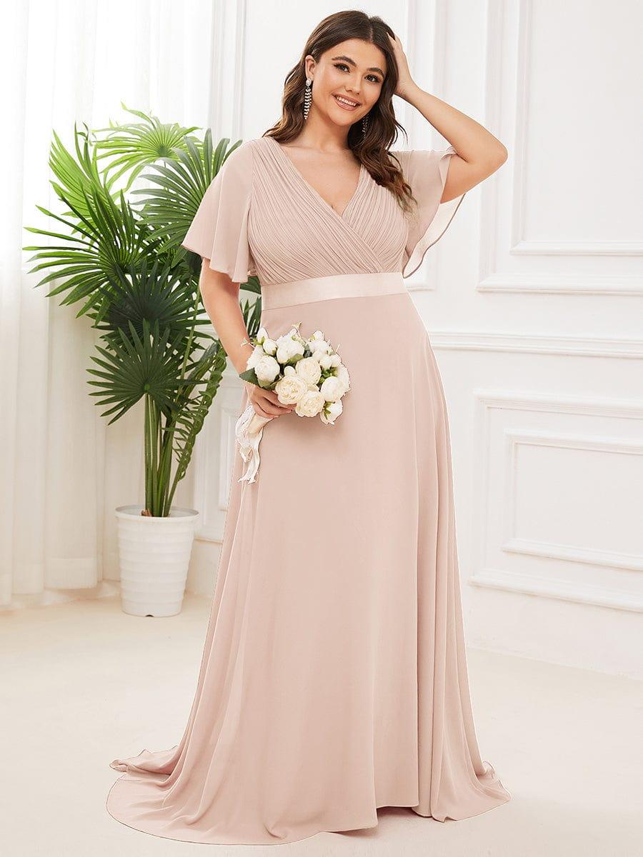pretty MONICA|Plus Size Long Empire Waist Bridesmaid Dress with Short Flutter Sleeves - Image 124