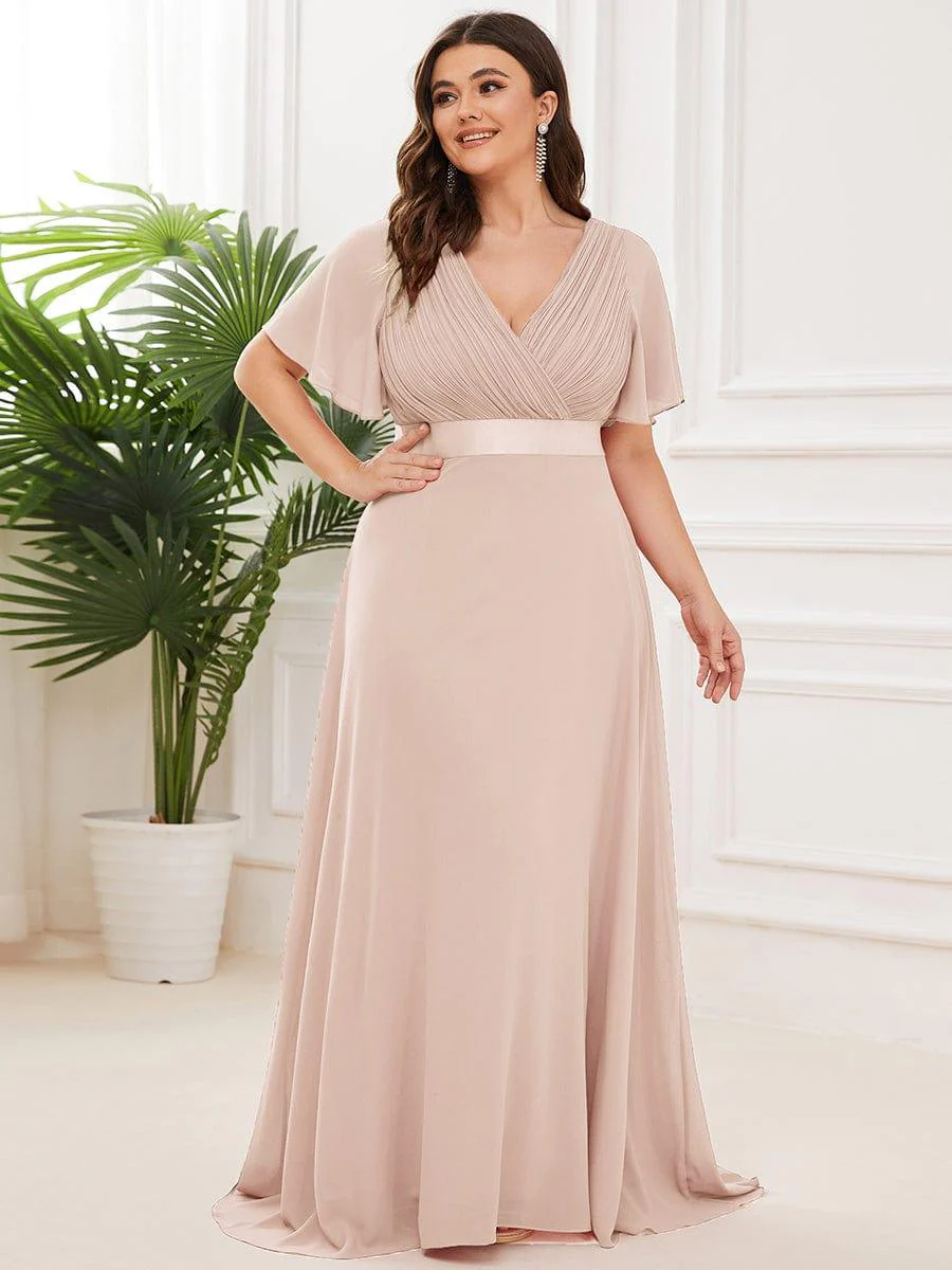 pretty MONICA|Plus Size Long Empire Waist Bridesmaid Dress with Short Flutter Sleeves - Image 127