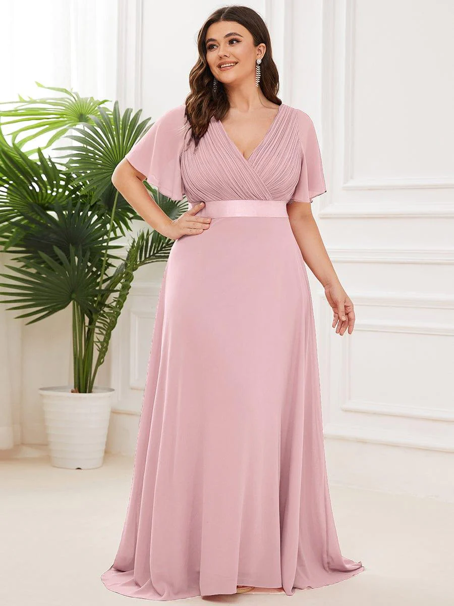 pretty MONICA|Plus Size Long Empire Waist Bridesmaid Dress with Short Flutter Sleeves - Image 130