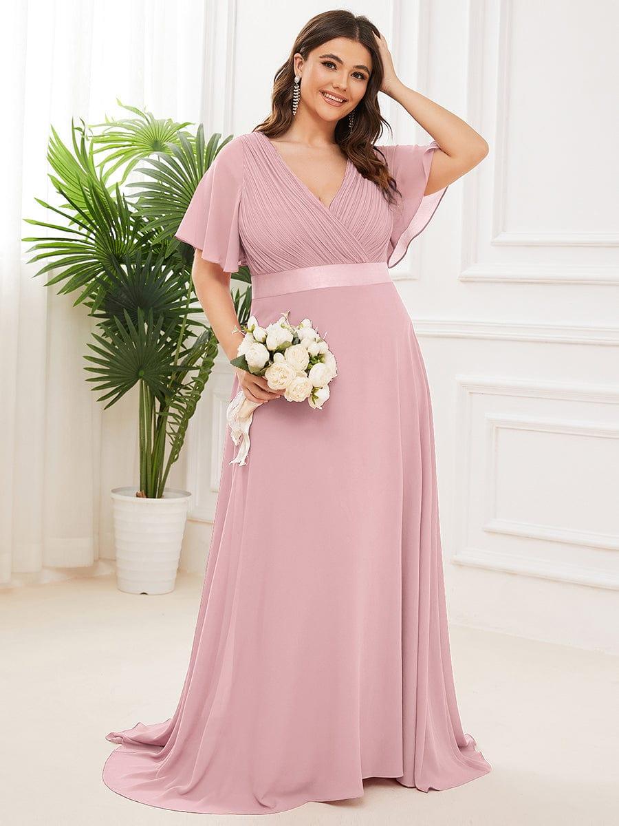 pretty MONICA|Plus Size Long Empire Waist Bridesmaid Dress with Short Flutter Sleeves - Image 131