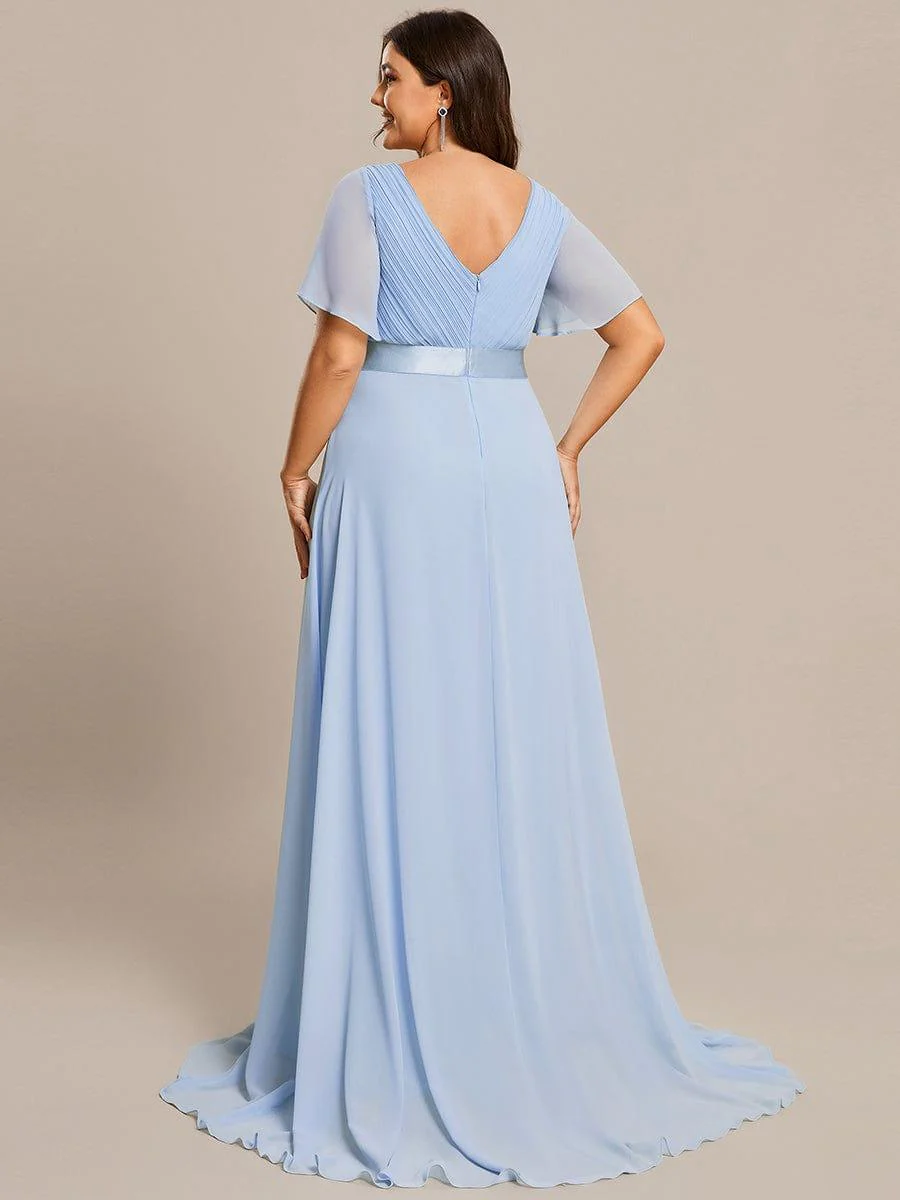 pretty MONICA|Plus Size Long Empire Waist Bridesmaid Dress with Short Flutter Sleeves - Image 133