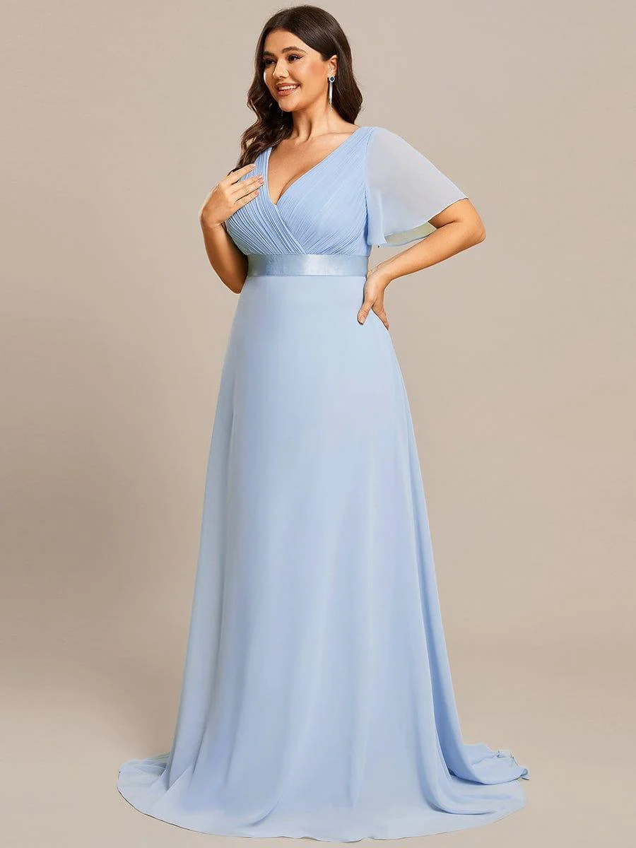 pretty MONICA|Plus Size Long Empire Waist Bridesmaid Dress with Short Flutter Sleeves - Image 135
