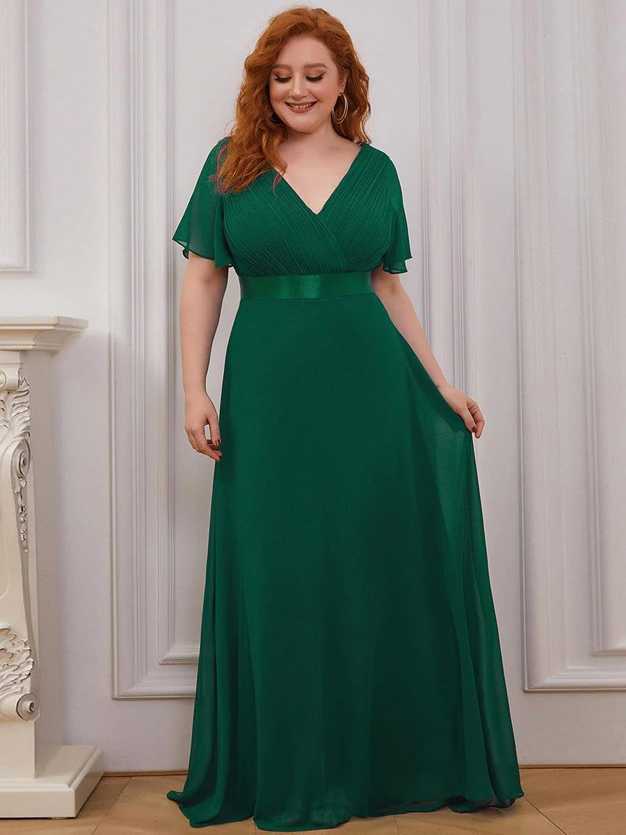 pretty MONICA|Plus Size Long Empire Waist Bridesmaid Dress with Short Flutter Sleeves - Image 14