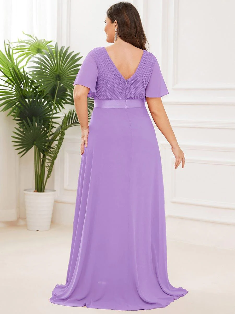 pretty MONICA|Plus Size Long Empire Waist Bridesmaid Dress with Short Flutter Sleeves - Image 143