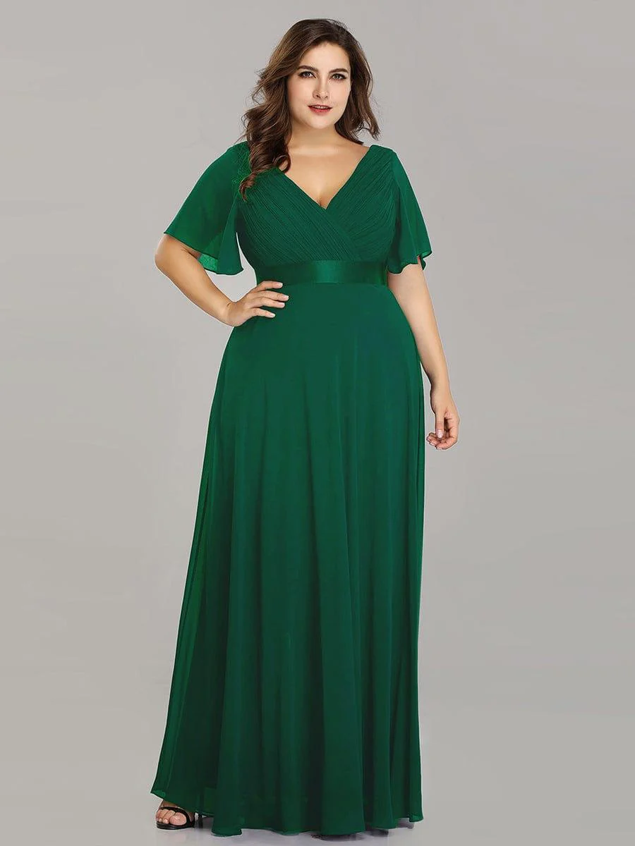 pretty MONICA|Plus Size Long Empire Waist Bridesmaid Dress with Short Flutter Sleeves - Image 15