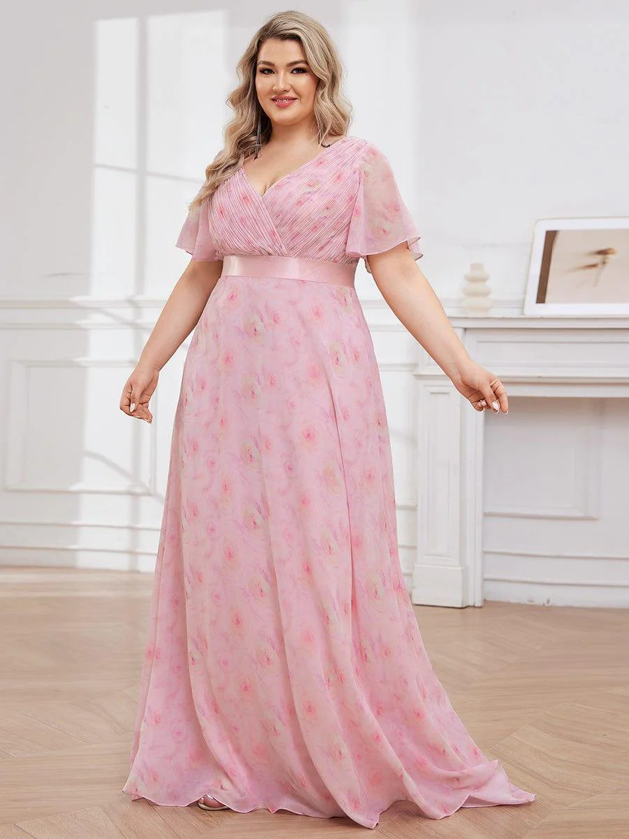 pretty MONICA|Plus Size Long Empire Waist Bridesmaid Dress with Short Flutter Sleeves - Image 150