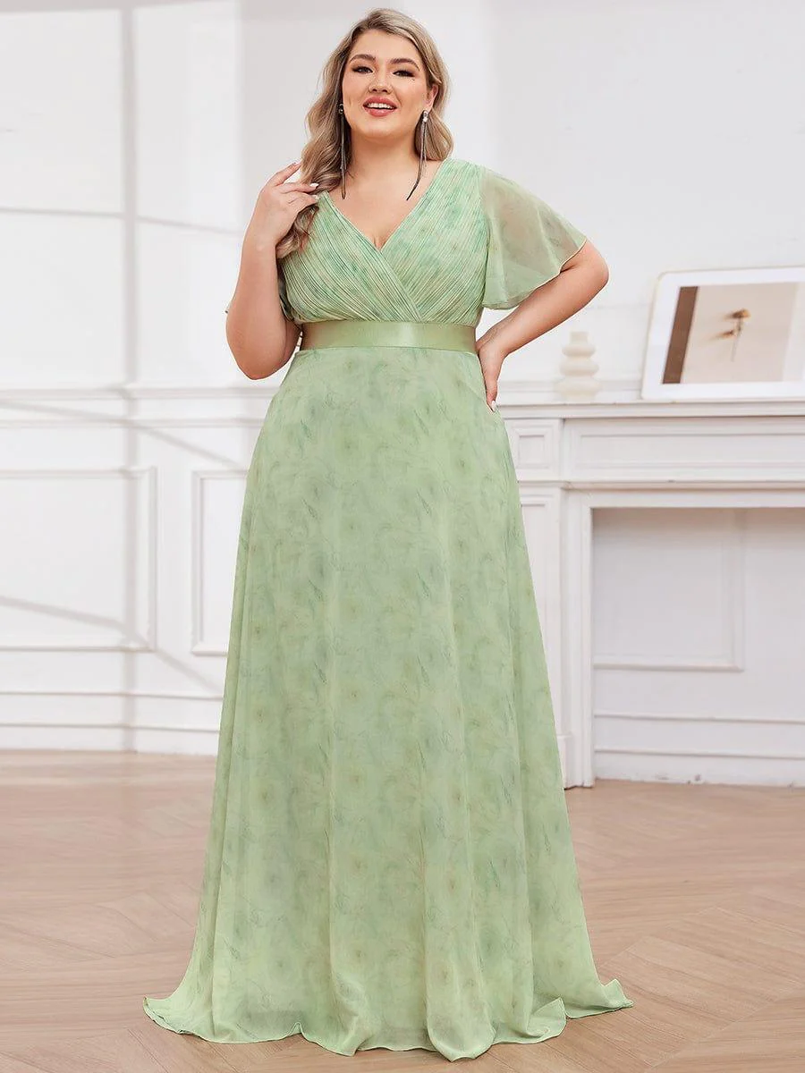 pretty MONICA|Plus Size Long Empire Waist Bridesmaid Dress with Short Flutter Sleeves - Image 152