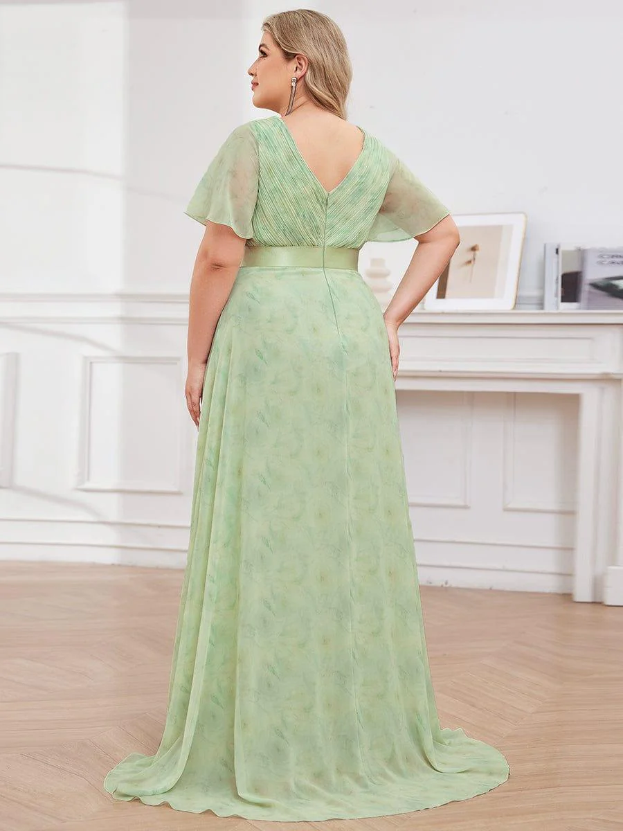 pretty MONICA|Plus Size Long Empire Waist Bridesmaid Dress with Short Flutter Sleeves - Image 153