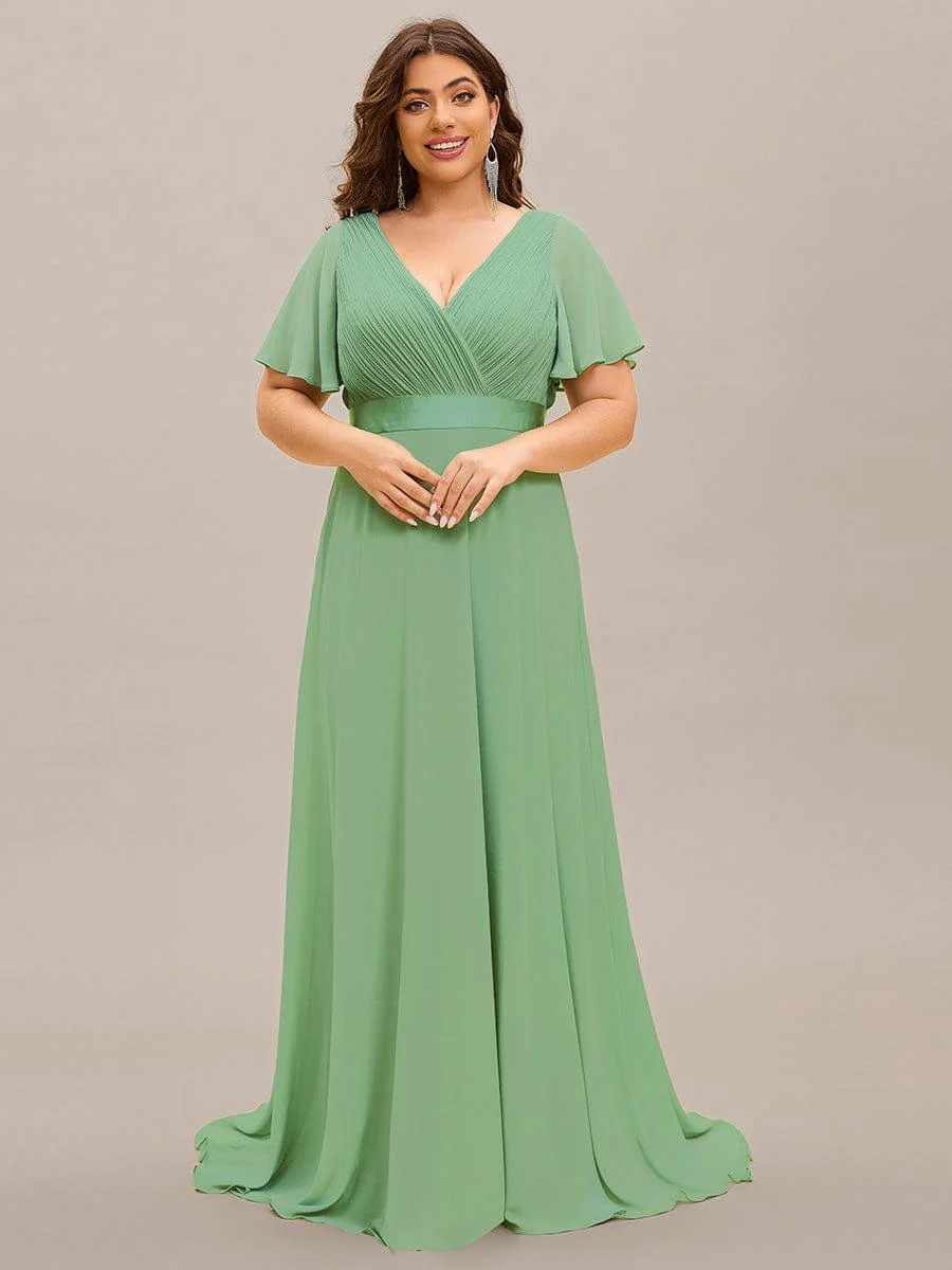 pretty MONICA|Plus Size Long Empire Waist Bridesmaid Dress with Short Flutter Sleeves - Image 157