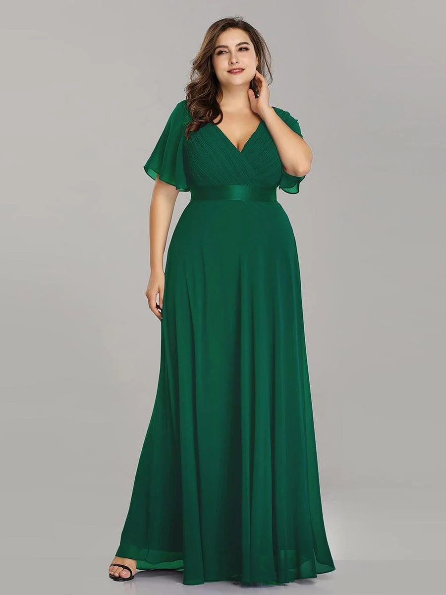 pretty MONICA|Plus Size Long Empire Waist Bridesmaid Dress with Short Flutter Sleeves - Image 16