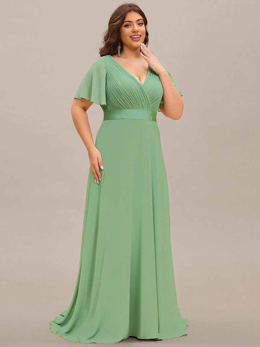 pretty MONICA|Plus Size Long Empire Waist Bridesmaid Dress with Short Flutter Sleeves - Image 160