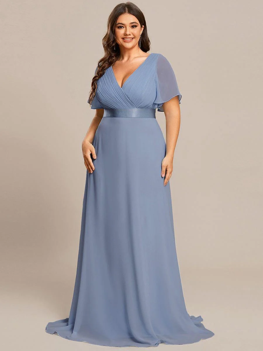 pretty MONICA|Plus Size Long Empire Waist Bridesmaid Dress with Short Flutter Sleeves - Image 162