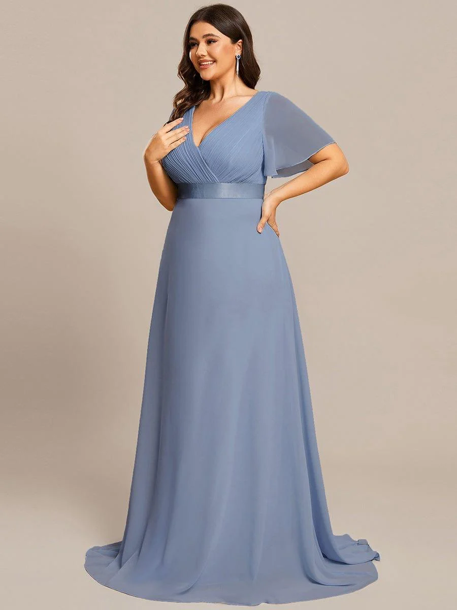 pretty MONICA|Plus Size Long Empire Waist Bridesmaid Dress with Short Flutter Sleeves - Image 166