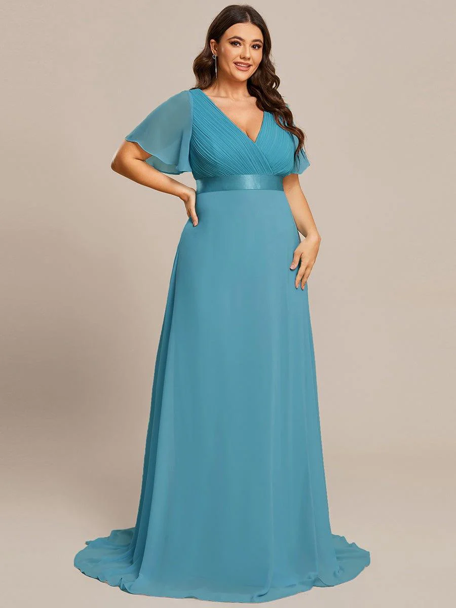 pretty MONICA|Plus Size Long Empire Waist Bridesmaid Dress with Short Flutter Sleeves - Image 167
