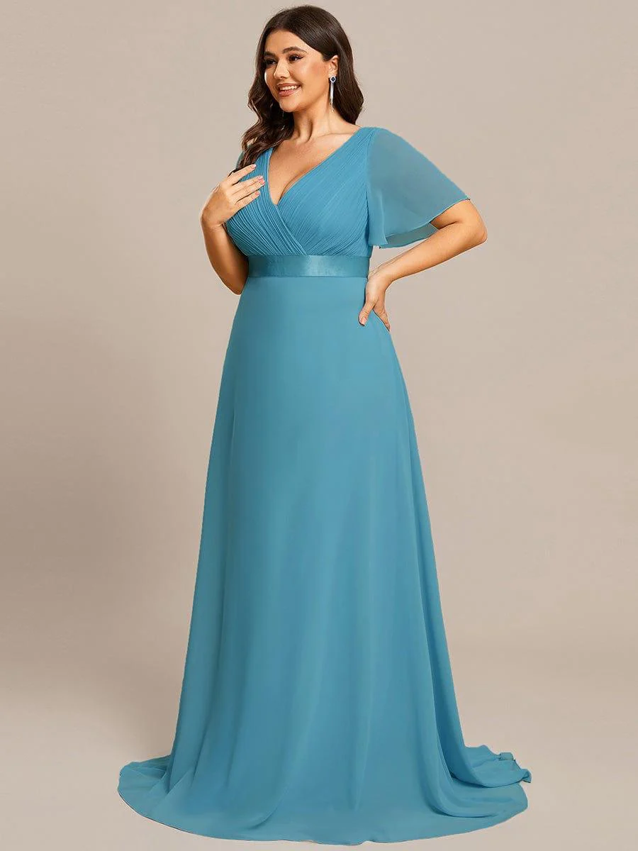 pretty MONICA|Plus Size Long Empire Waist Bridesmaid Dress with Short Flutter Sleeves - Image 170