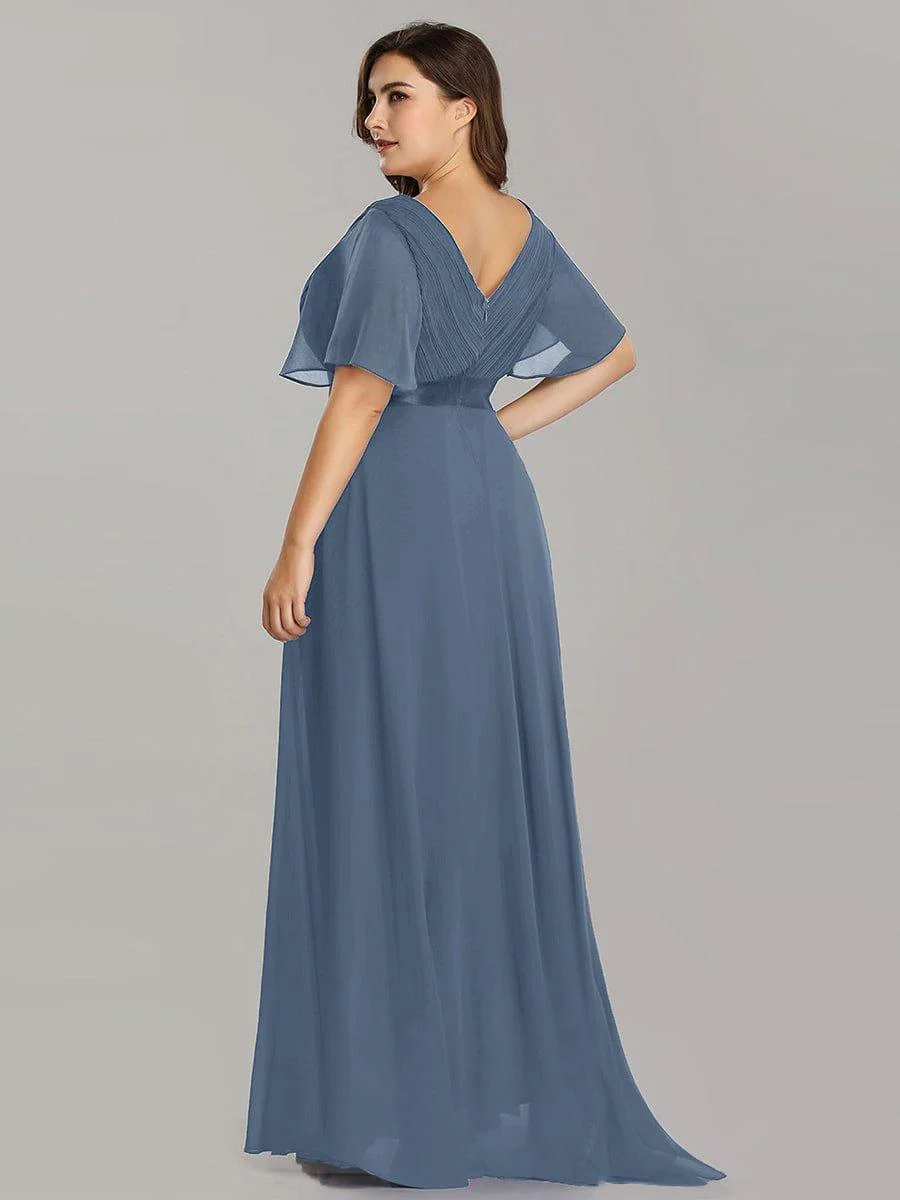 pretty MONICA|Plus Size Long Empire Waist Bridesmaid Dress with Short Flutter Sleeves - Image 173