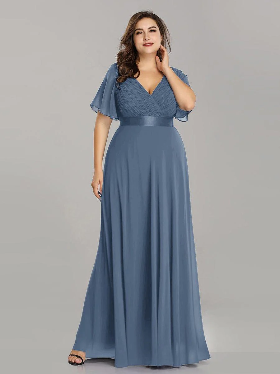 pretty MONICA|Plus Size Long Empire Waist Bridesmaid Dress with Short Flutter Sleeves - Image 175