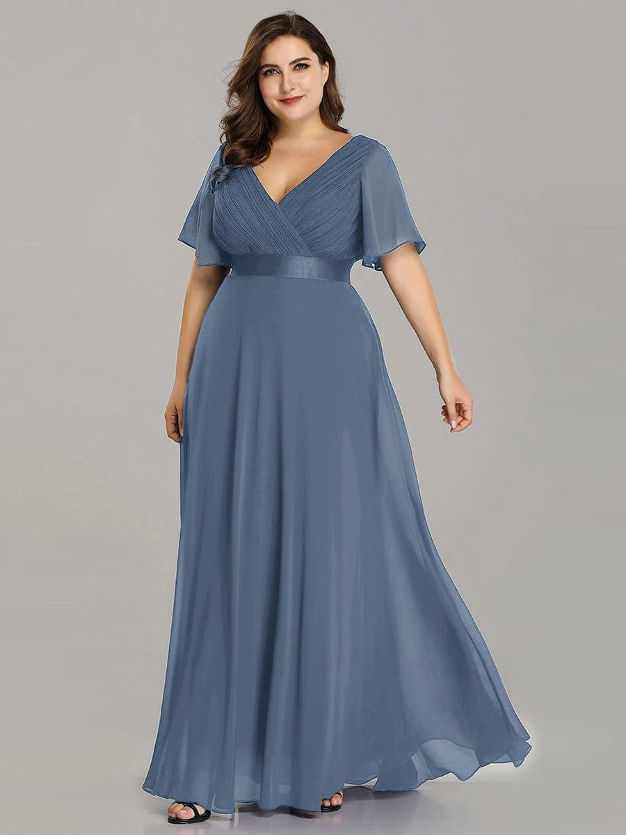 pretty MONICA|Plus Size Long Empire Waist Bridesmaid Dress with Short Flutter Sleeves - Image 176