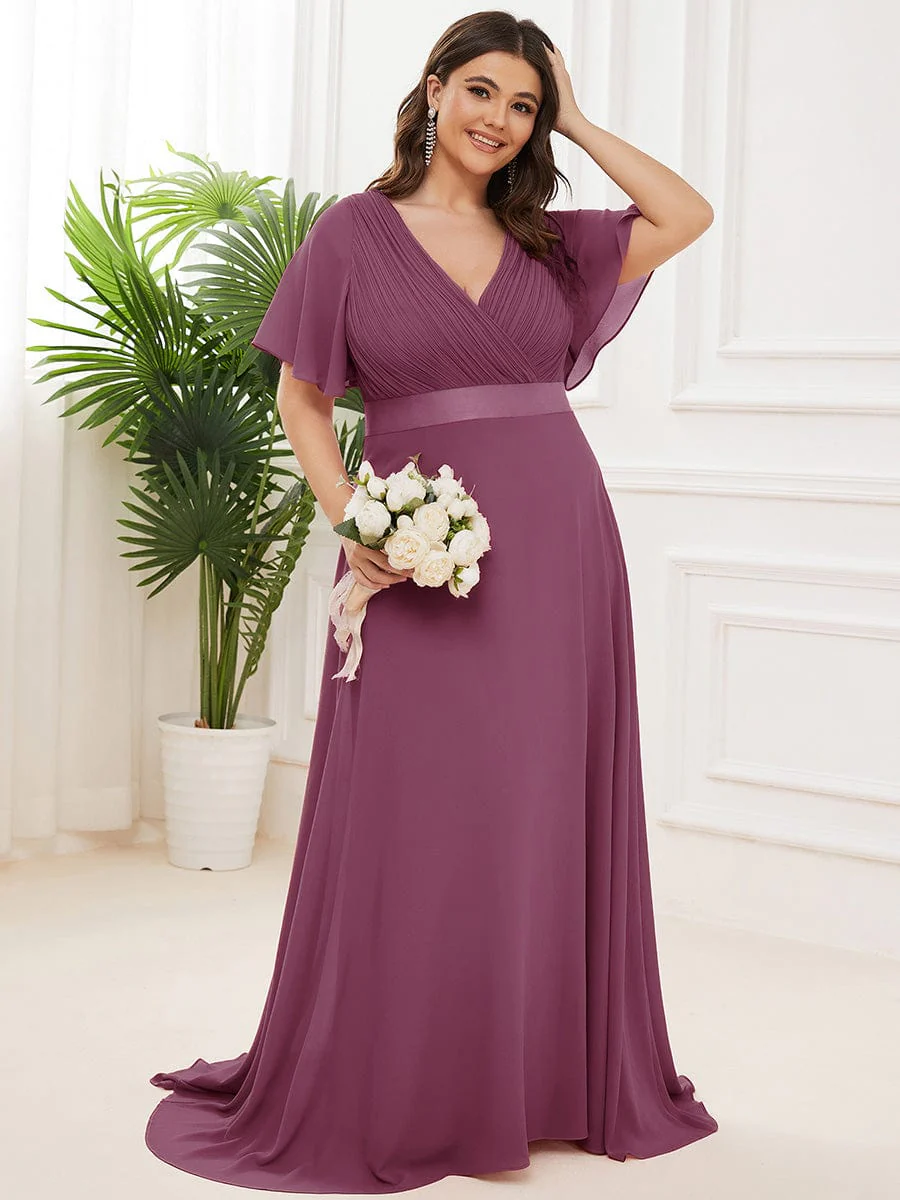pretty MONICA|Plus Size Long Empire Waist Bridesmaid Dress with Short Flutter Sleeves - Image 186