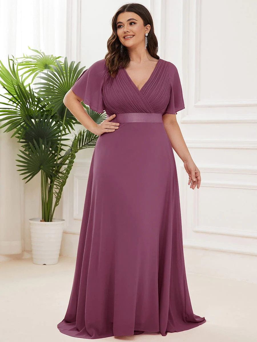 pretty MONICA|Plus Size Long Empire Waist Bridesmaid Dress with Short Flutter Sleeves - Image 189