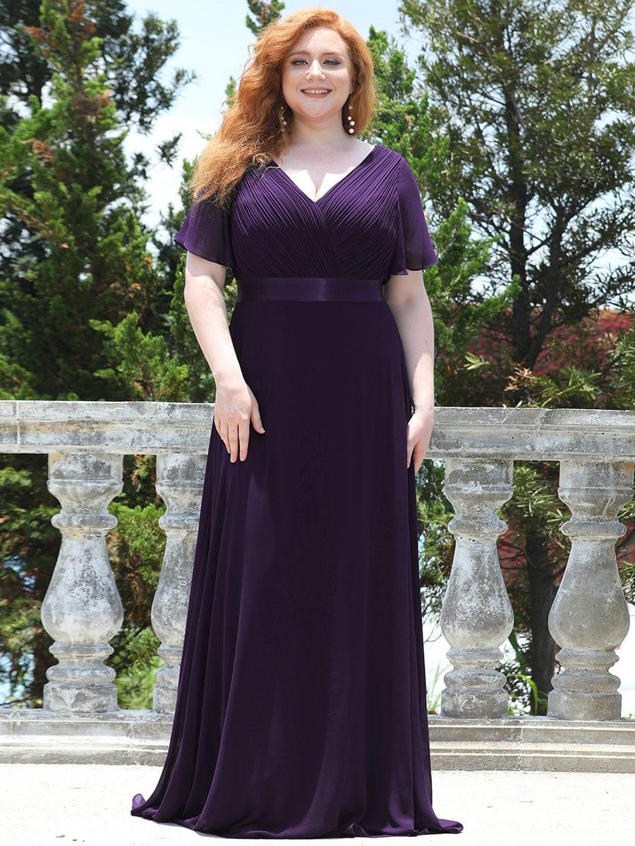 pretty MONICA|Plus Size Long Empire Waist Bridesmaid Dress with Short Flutter Sleeves - Image 19