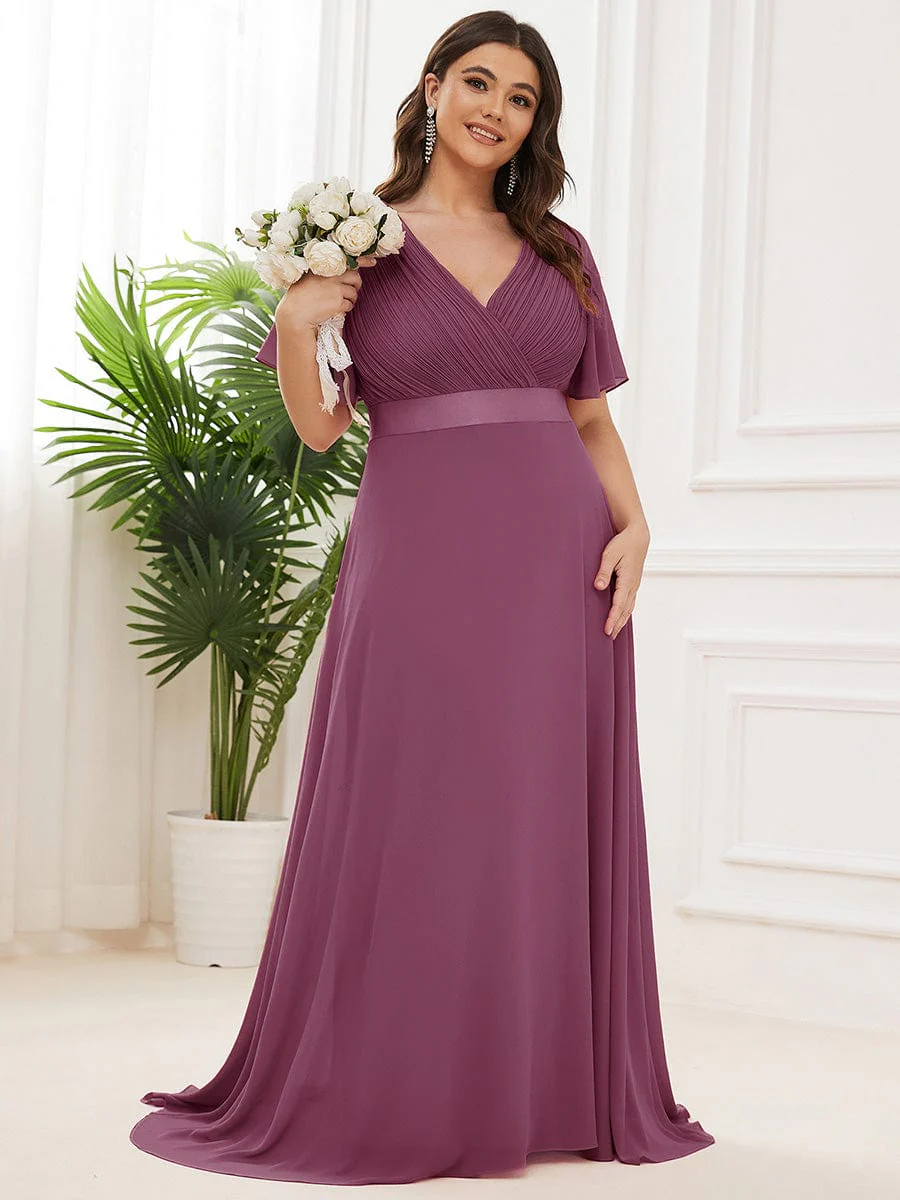 pretty MONICA|Plus Size Long Empire Waist Bridesmaid Dress with Short Flutter Sleeves - Image 190