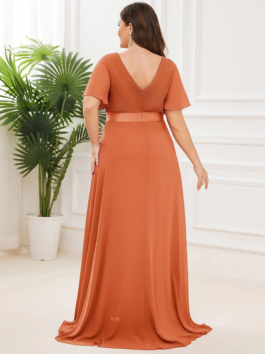 pretty MONICA|Plus Size Long Empire Waist Bridesmaid Dress with Short Flutter Sleeves - Image 192