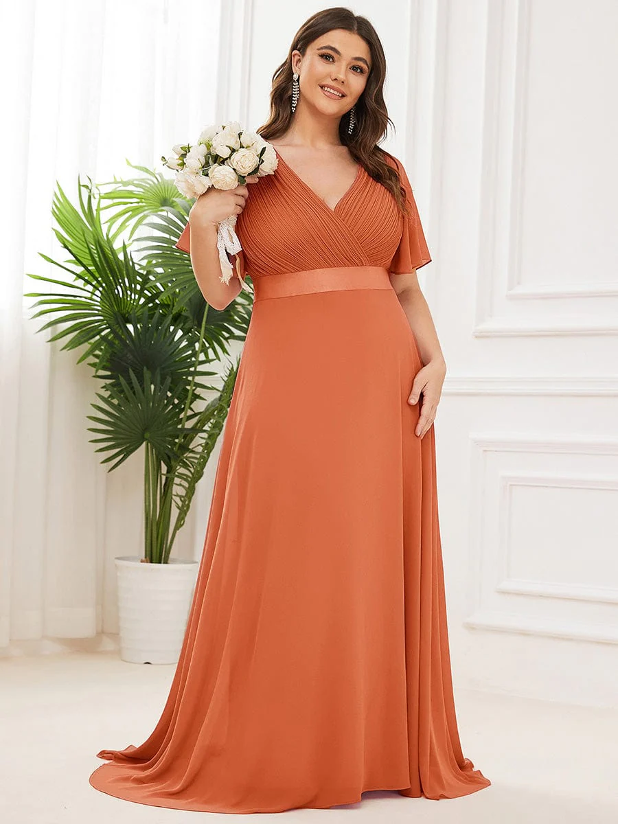 pretty MONICA|Plus Size Long Empire Waist Bridesmaid Dress with Short Flutter Sleeves - Image 195