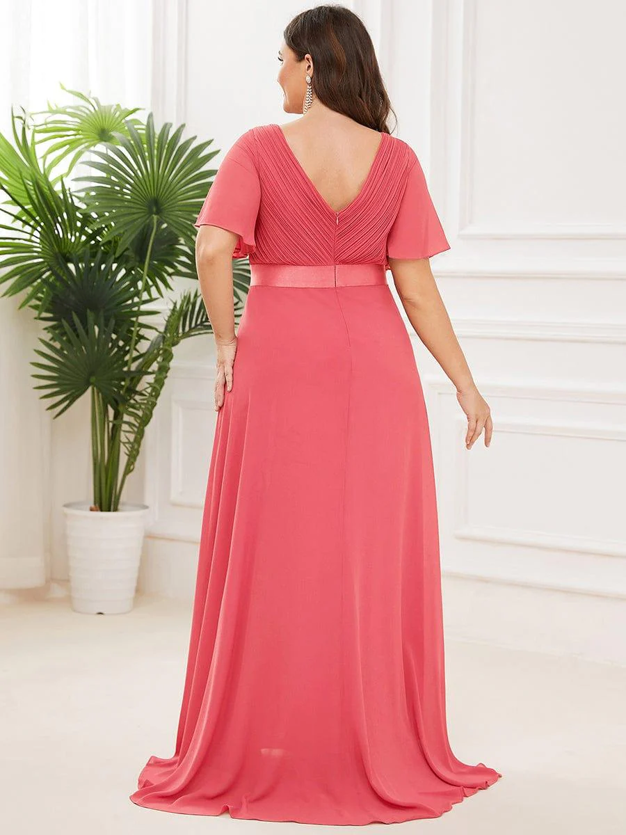 pretty MONICA|Plus Size Long Empire Waist Bridesmaid Dress with Short Flutter Sleeves - Image 23