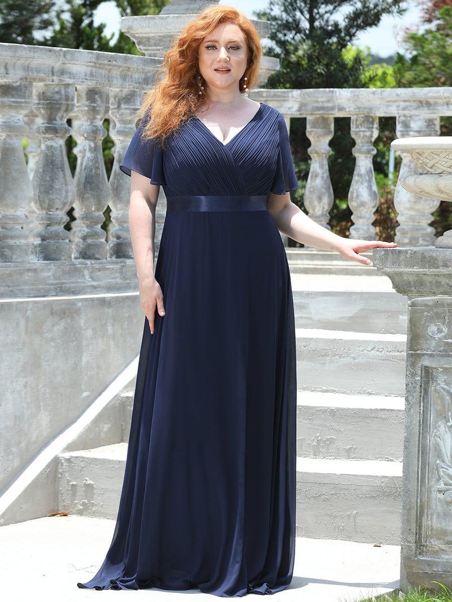 pretty MONICA|Plus Size Long Empire Waist Bridesmaid Dress with Short Flutter Sleeves - Image 28