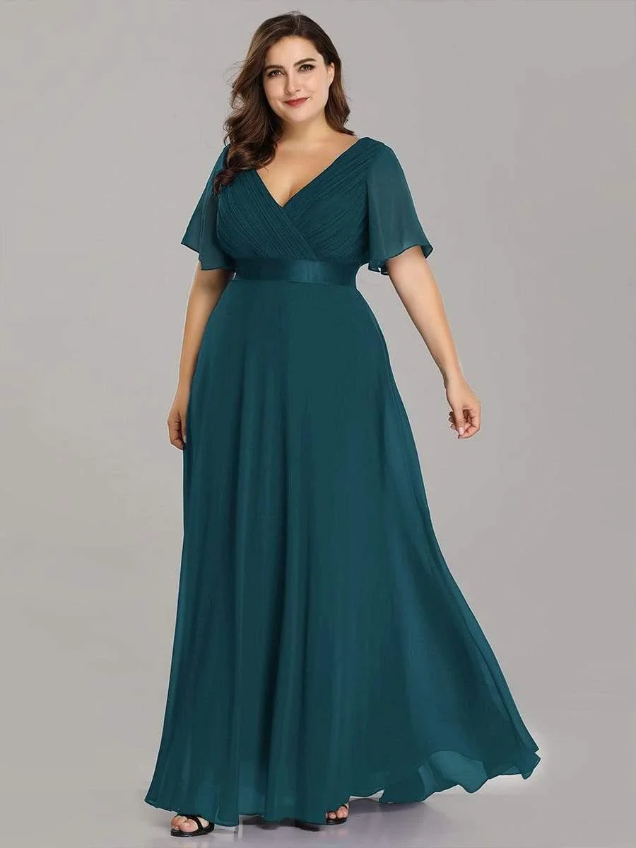 pretty MONICA|Plus Size Long Empire Waist Bridesmaid Dress with Short Flutter Sleeves - Image 34