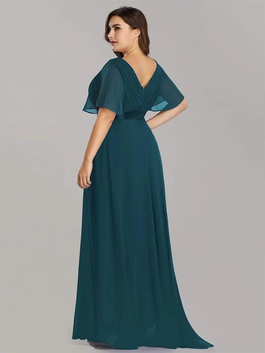 pretty MONICA|Plus Size Long Empire Waist Bridesmaid Dress with Short Flutter Sleeves - Image 35