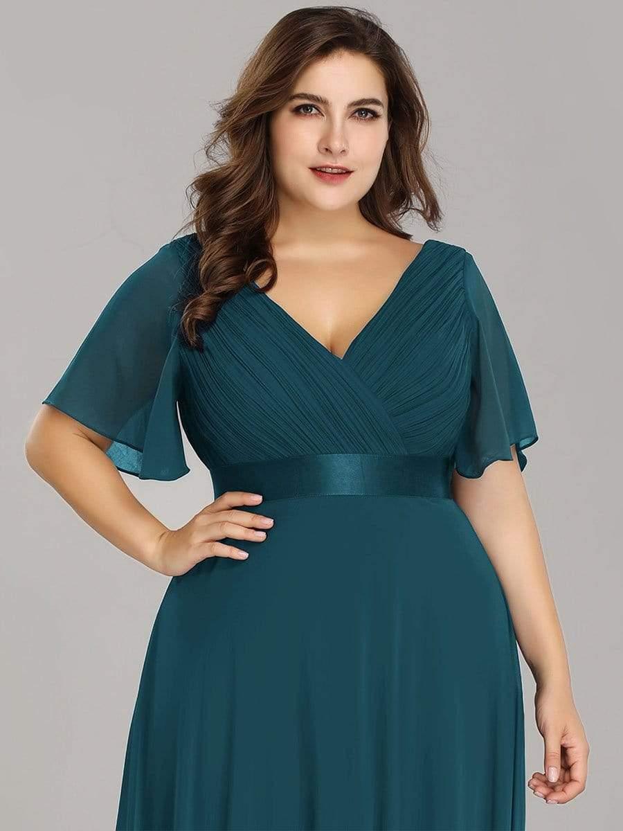 pretty MONICA|Plus Size Long Empire Waist Bridesmaid Dress with Short Flutter Sleeves - Image 37