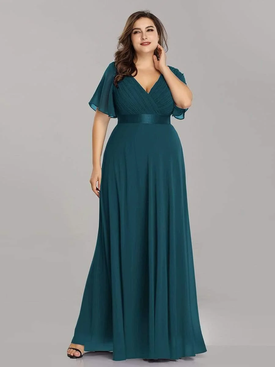 pretty MONICA|Plus Size Long Empire Waist Bridesmaid Dress with Short Flutter Sleeves - Image 38