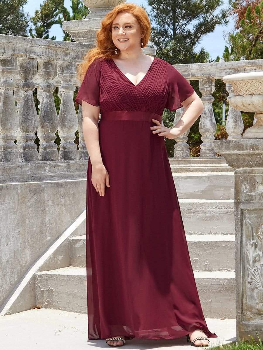 pretty MONICA|Plus Size Long Empire Waist Bridesmaid Dress with Short Flutter Sleeves - Image 45
