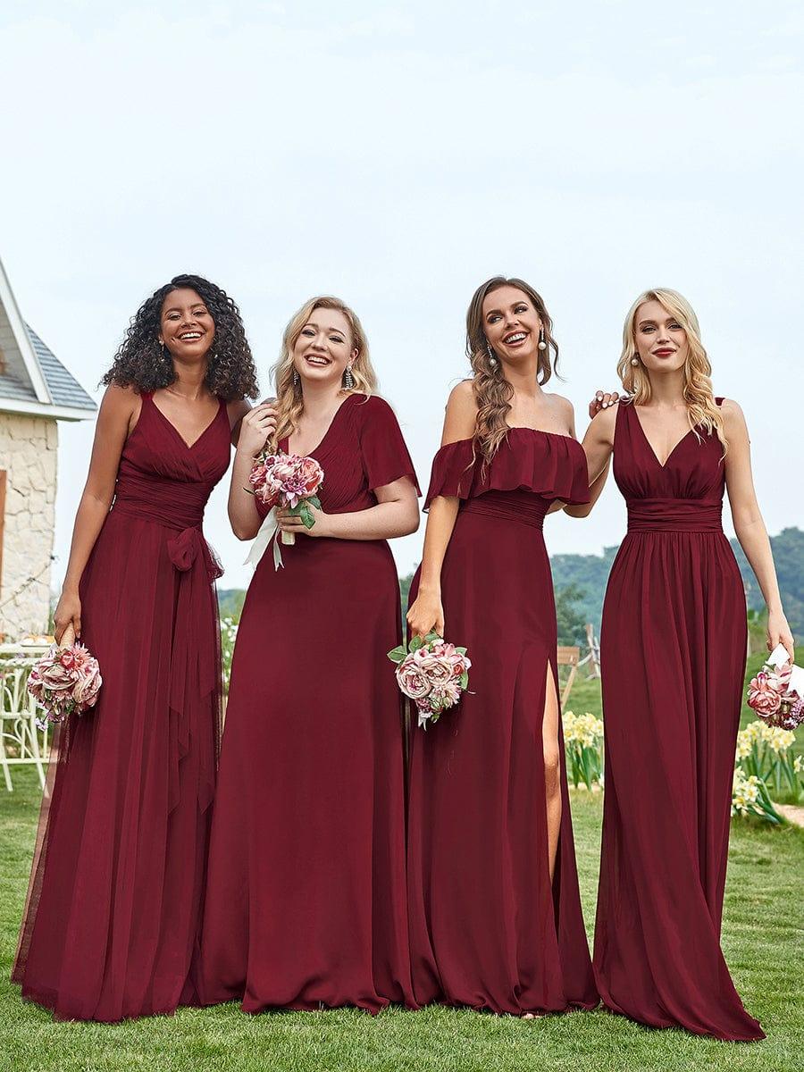 pretty MONICA|Plus Size Long Empire Waist Bridesmaid Dress with Short Flutter Sleeves - Image 46