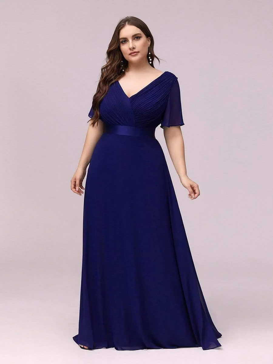 pretty MONICA|Plus Size Long Empire Waist Bridesmaid Dress with Short Flutter Sleeves - Image 47